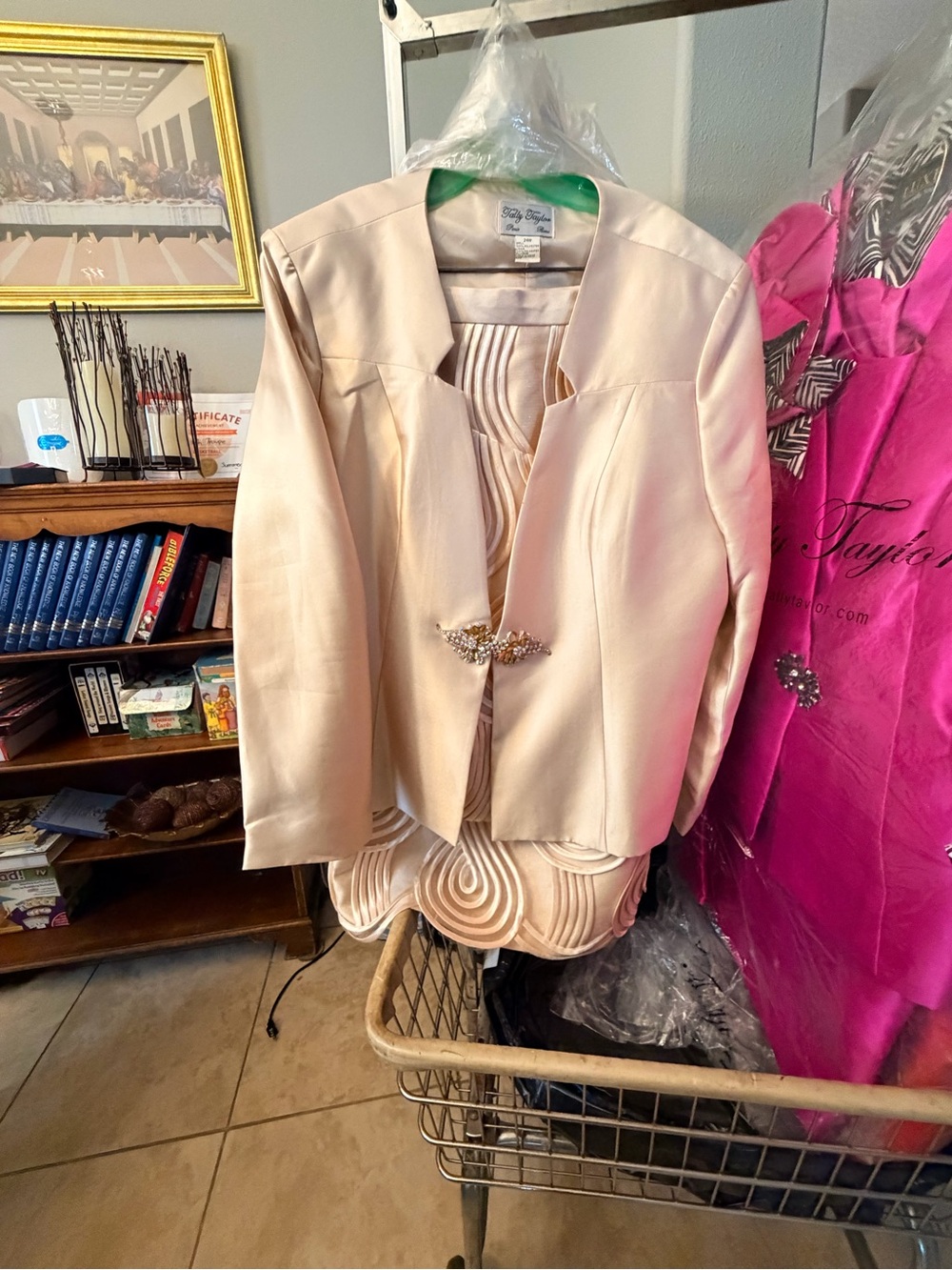 Taylor Cream Satin Women's 3 piece Blazer Skirt Suit with Decorative Brooch